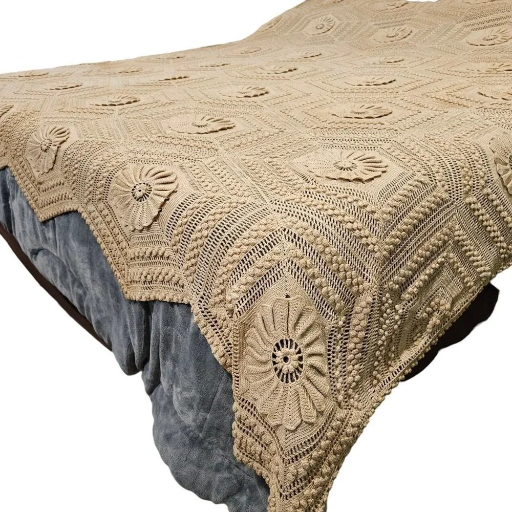 Vintage Cream 3d‎ Popcorn Sunflower Crochet Afghan Blanket King 96x104 He…
